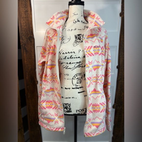 Columbia Women’s XL Fleece Jacket Pink Yellow Pattern Zip Pockets - Picture 4 of 10